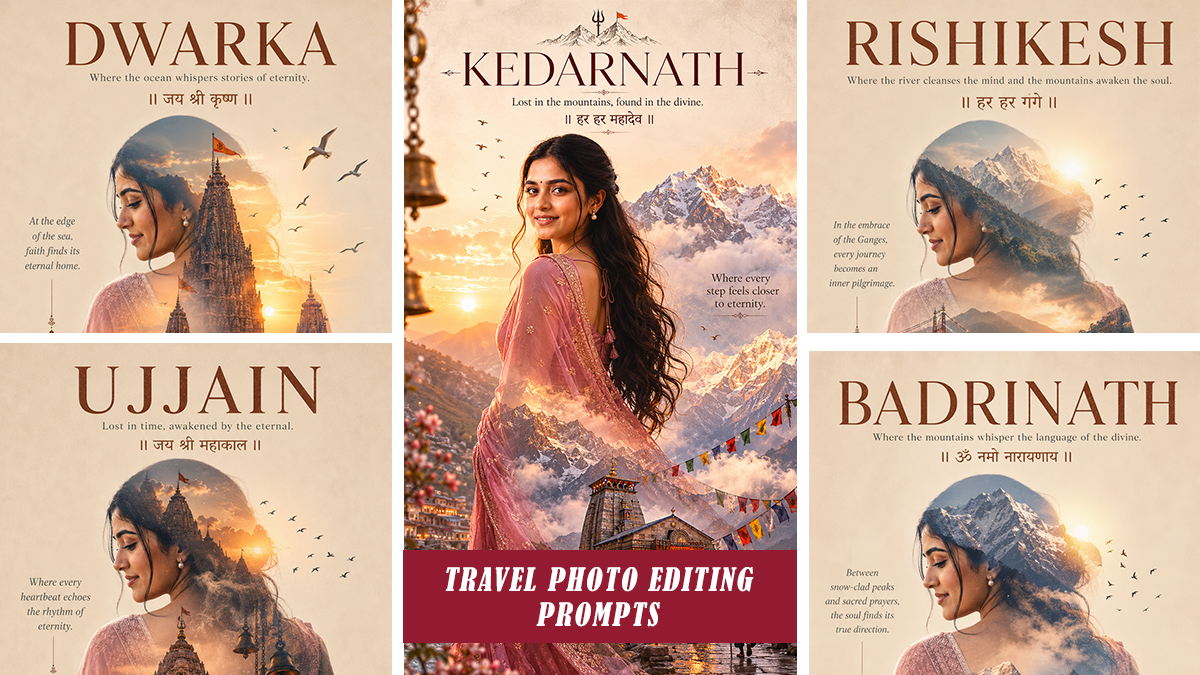 AI cinematic travel poster prompts India spiritual destinations Kedarnath Badrinath Ujjain Rishikesh Dwarka