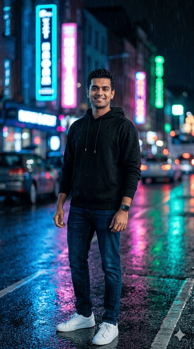 Cinematic Gemini AI boy prompt with neon rain street portrait aesthetic