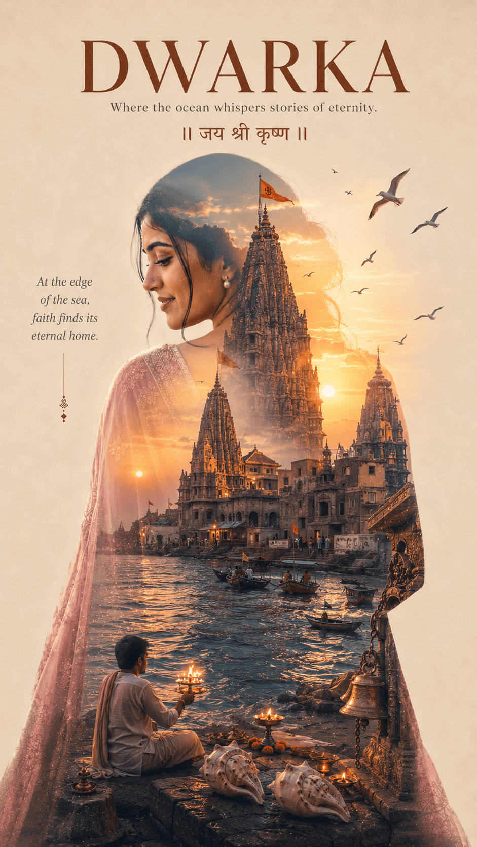Dwarka Krishna AI cinematic travel poster prompt