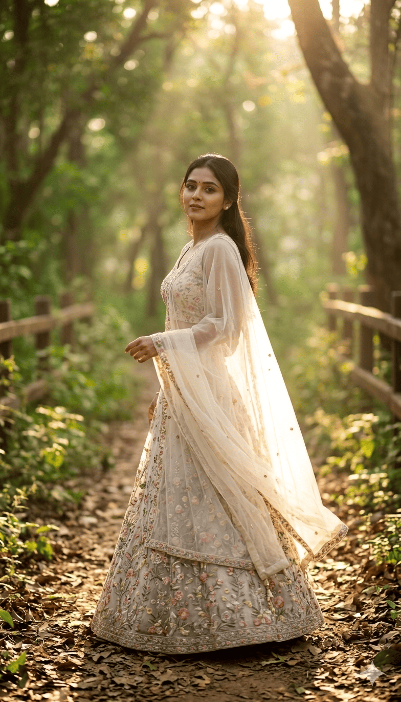 Golden Hour Forest Lehenga Photo Editing Prompt for Girls