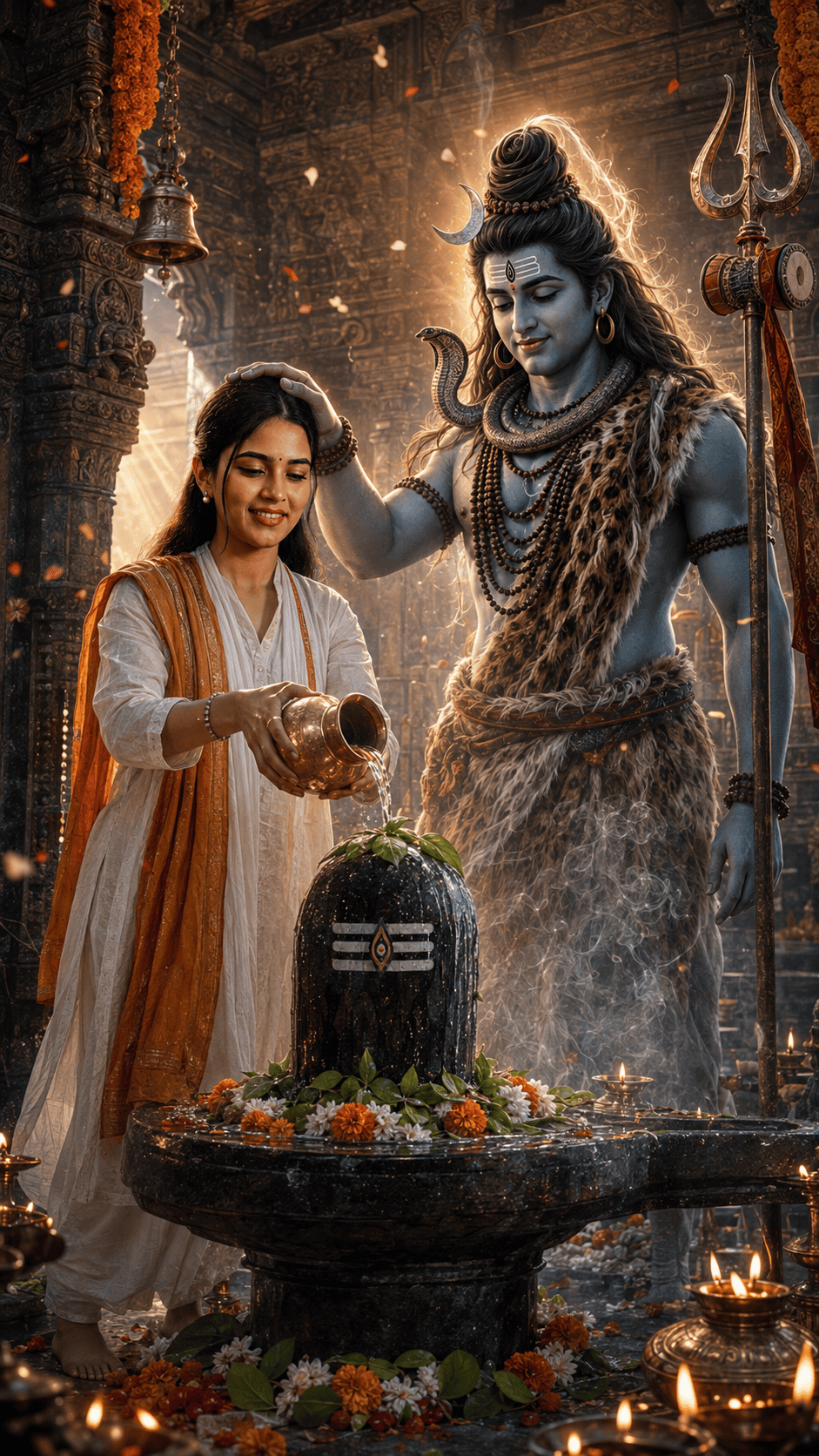 Mahadev Jal Abhishek AI Image Prompt for Kashi Shiva Temple Devotional Portrait