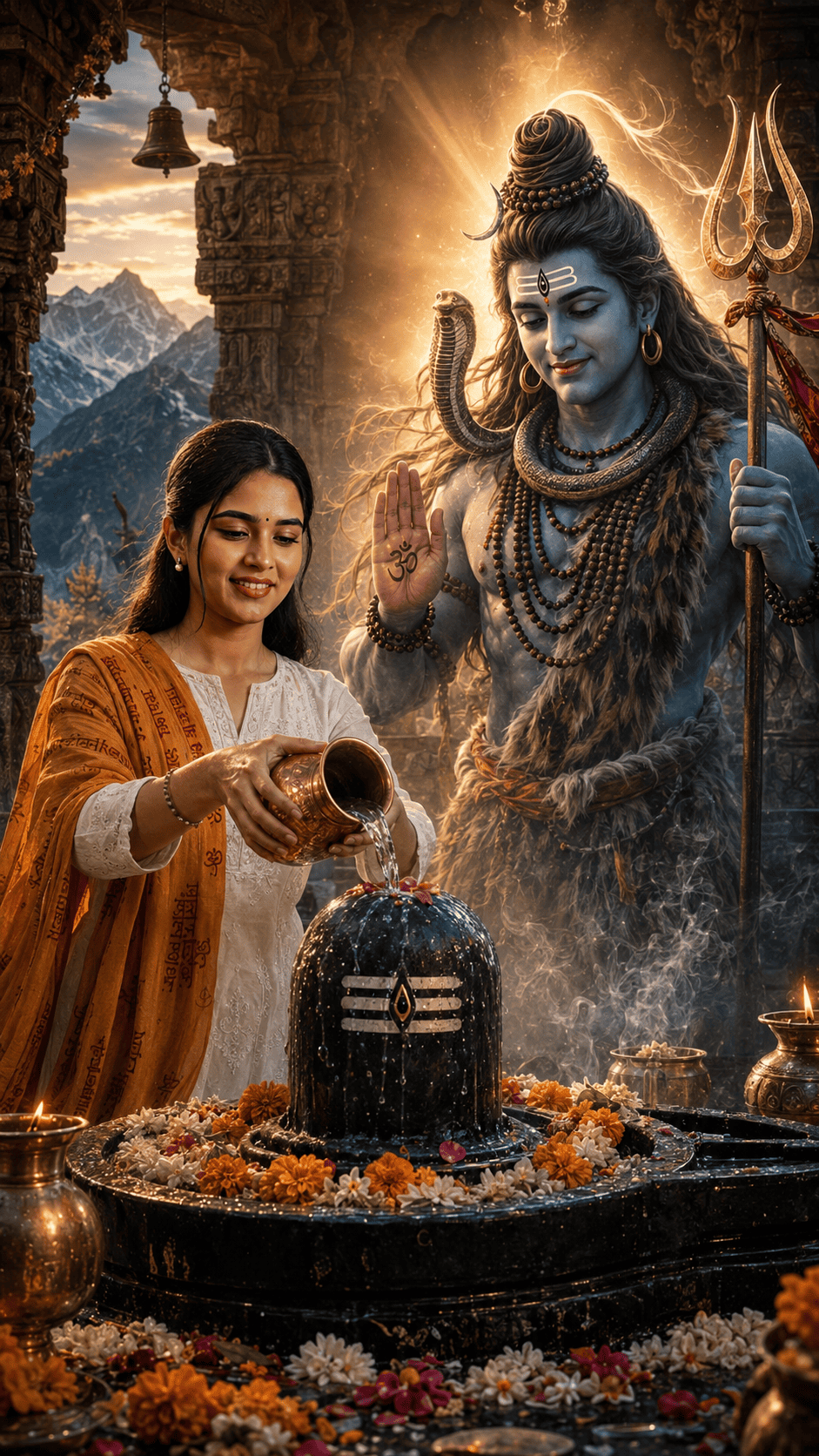 Lord Shiva Blessing AI Photo Prompt with Shivling Jal Abhishek and Divine Temple Scene