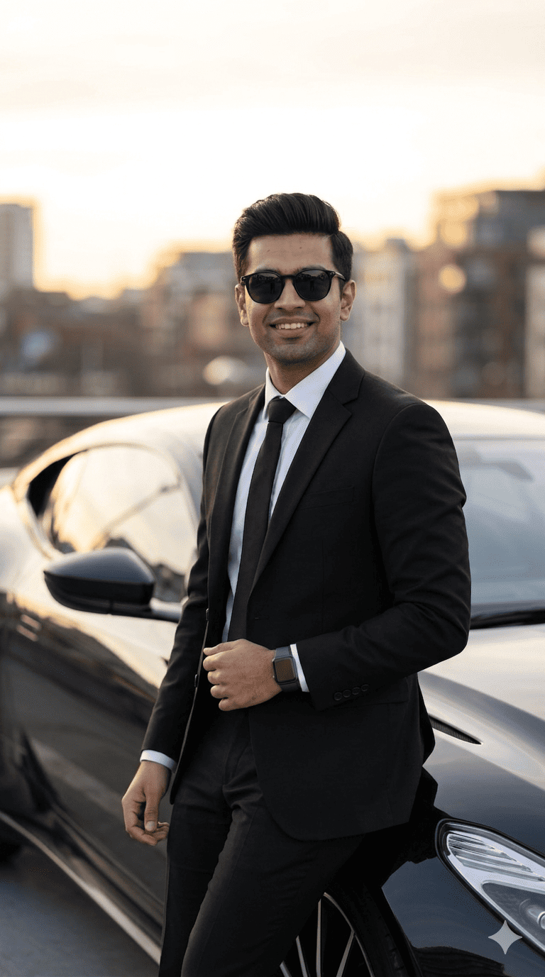 Luxury gentleman Gemini AI portrait prompt with golden hour lighting