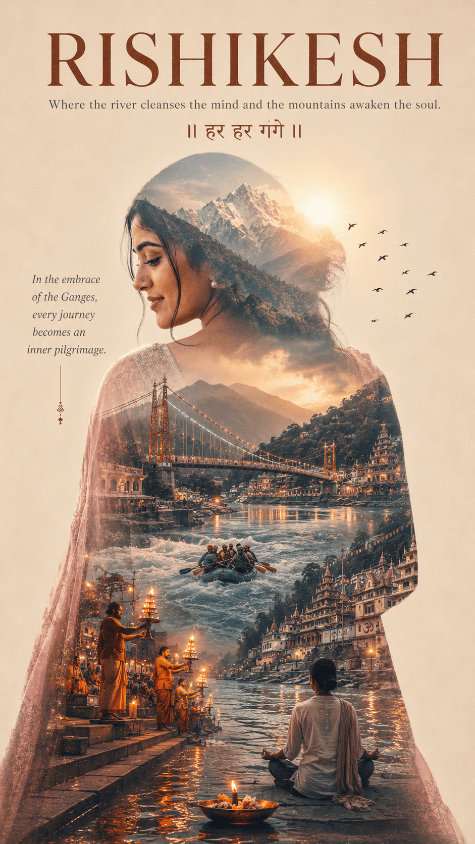 Rishikesh Ganga AI cinematic travel poster prompt